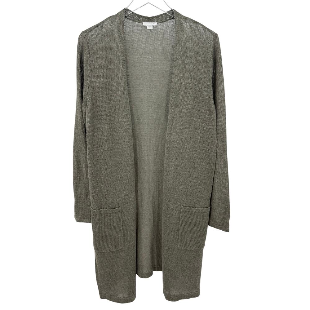 J Jill Linen Blend Long Open Front Cardigan Duster Pockets Olive Green Size M